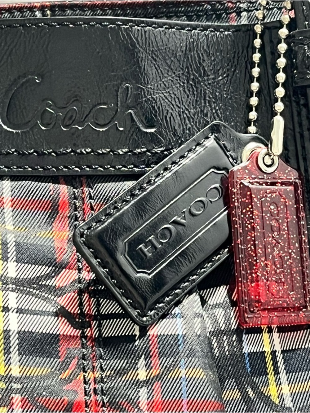 COACH F15467 Poppy Tartan Plaid Signature Glitter Tote Bag and Matching Wallet